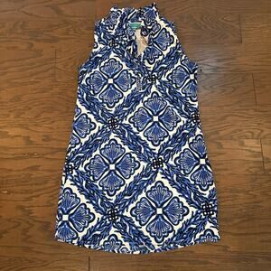 Southern Frock Ruffle V- Neck Sleeveless Dress - Blue White Size Small